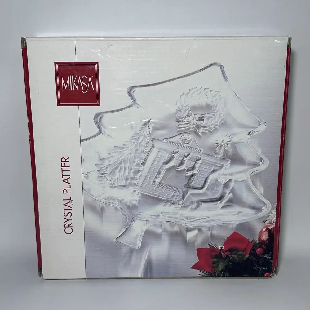 NIB Mikasa Crystal Christmas Tree Holiday Platter - Fireplace 13.5x12”